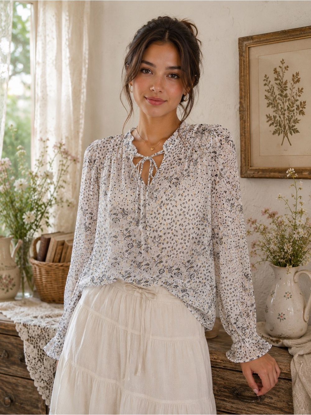 Joie Cottagecore Fairy Floral Metallic Tie Neck Sheer Blouse Size XS